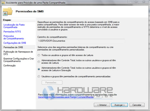 28. Em Permissões de SMB, selecione o terceiro item Administradores tem Controle Total; todos os outros usuários e grupos só tem acesso de leitura e Gravação clique em [Avançar].