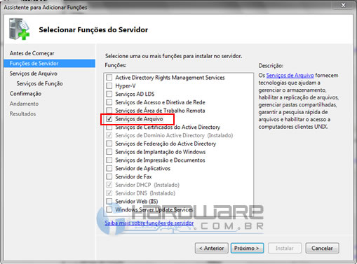 4. Em Selecionar Funções do Servidor clique na flag Serviços de Arquivos e clique em [Próximo]. 5.