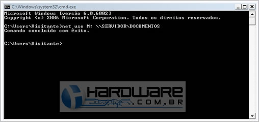 47. Agora com a conta Visitante. Temos também outra opção para mapear uma unidade de rede executando o comando pelo CMD para isso digite: Código: net use M: \\SERVIDOR\DOCUMENTOS.