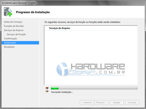 8. Em Progresso da I nstalação aguarde a finalização da instalação do serviço. 9.