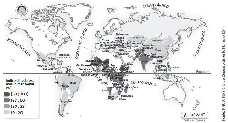 5. Atenta na figura 2, que representa a distribuição mundial do Índice de Pobreza Multidimensional (IPM), em 2013. Fig. 2 Distribuição do IPM no mundo, 2013. 5.1.Indica: a) Dois países com um IPM superior a 33%.