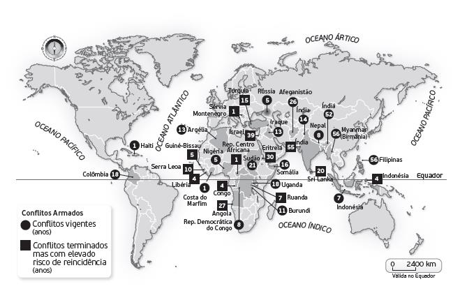 5. Observa atentamente a figura 4, que representa os conflitos armados no Mundo. Fig. 4 Conflitos armados no mundo 5.1.Refere as duas regiões mundiais com maior número de conflitos vigentes. 5.2.