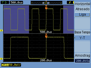 Exibição dos dados 2 Para exibir a base de tempo ampliada A base de tempo ampliada (também conhecida como base de tempo de varredura com retardo), amplia uma parte do sinal original (agora na metade