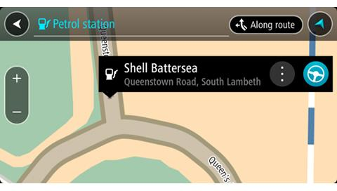 Um menu pop-up é aberto no mapa mostrando o nome do posto de gasolina. 4. Selecione Dirigir. Um percurso é planejado e a orientação até seu destino é iniciada.