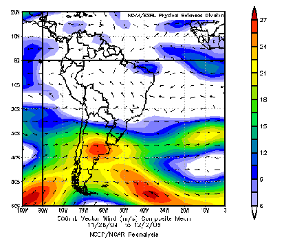 Figura 7 : Precipitação no mês de novembro de 2009 Figura 6 : perfil do vento zonal em 500 mb. em Santa Maria e Quarai.