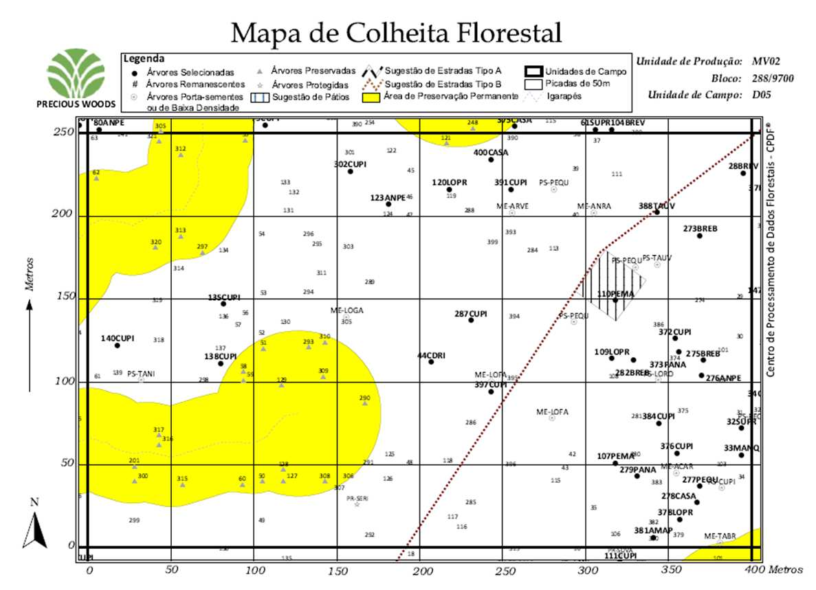 No Mapa de Colheita da empresa, destinado à equipe de campo, estão presentes todas as informações ambientais e os critérios para seleção das árvores.