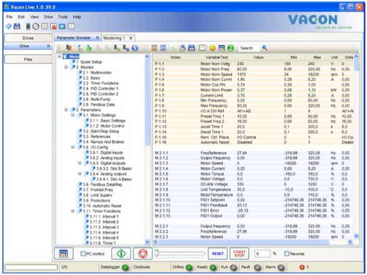 VACON 100 INTERFACES DO USUÁRIO 3.5 VACON LIVE O Vacon Live é uma ferramenta para PC para comissionamento e manutenção dos conversores de frequência Vacon 10, Vacon 20 e Vacon 100).