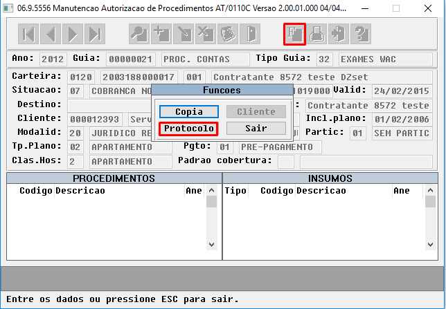 3) No TOTVS12, acesse o programa Manutenção Autorização Guias. Na opção Função, foi implementado uma nova funcionalidade "Protocolo".