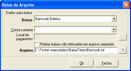 Figura: Visualização da impressão de boletos Para realizar a baixa de títulos do banco Bancoob, na tela Baixa de títulos, selecione o driver Bancoob Boletos, pesquisa-se o arquivo de baixa gerado