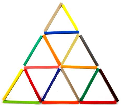 8. Menos dois triângulos Na figura são representados seis triângulos construídos com treze varetas. Retire três varetas para formar uma nova figura formada somente com quatro triângulos equiláteros.