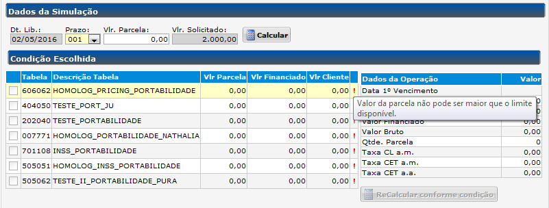 Digitando uma Portabilidade Consistências que são visualizadas com mais frequência na digitação das propostas: Crítica: Valor da parcela não pode ser maior que o limite disponível.