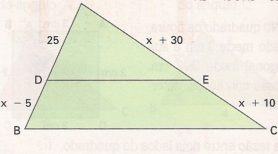 Exercícios Complementares 06. Um feixe de quatro retas paralelas determina sobre uma transversal três segmentos consecutivos, que medem 5 cm, 6 cm e 9 cm.