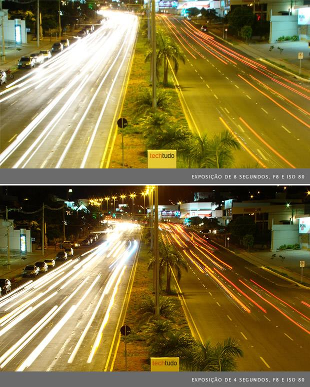 Fotografias de avenida, utilizando exposição de 8 segundos na imagem superior e de 4 segundos na imagem inferior (Foto: Adriano Hamaguchi)