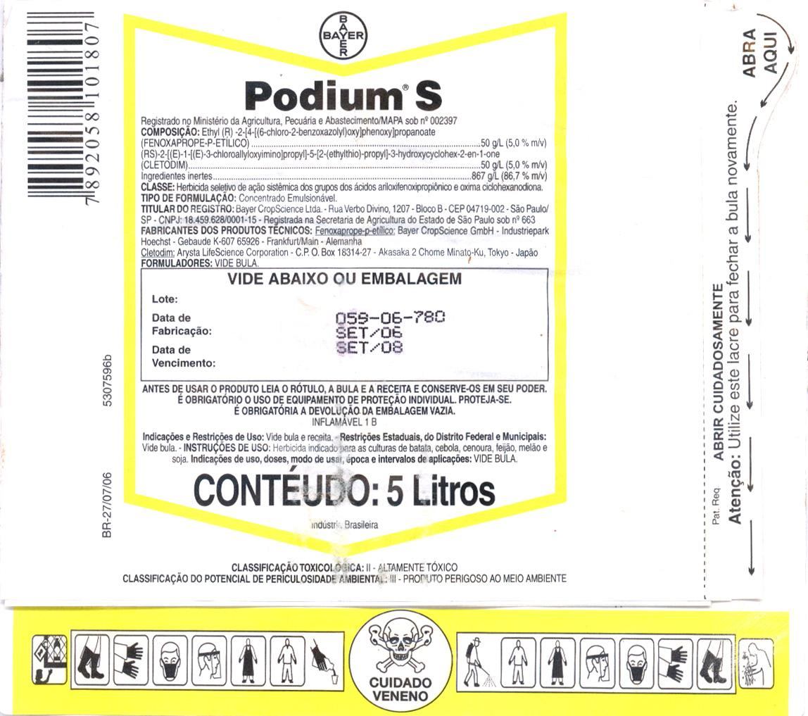 110 5.1.7 Rótulo 7 Nome comercial: Podium S Ingrediente ativo: fenoxaprope-p-etílico; cletodim Classe: herbicida seletivo de ação sistemica Fabricante/ importador: Bayer