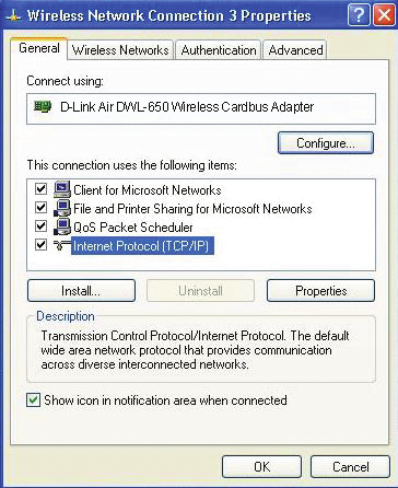 指派一個固定 IP 地址 如果要為您設定 DWL-2200AP 的電腦指派一個固定 IP 地址, 請依照對應的作業系統的步驟進行 : Windows XP: 到開始, 按下控制台, 在網路連線上按兩下, 在區域連線上按右鈕, 並且選擇內容 移至 Internet Protocol (TCP/