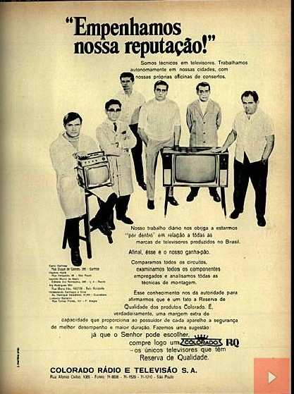 Nesse anúncio publicitário da Colorado Rádio e Televisão, retirado da revista Veja em sua segunda edição datada em 18 de setembro de 1968, o discurso direto utilizado neste anúncio é: Empenhamos