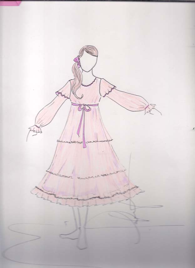 3. Neta - Quantidade 01 - Confeccionar: Parte de cima: vestido com forro de cetim e babados de crepe.