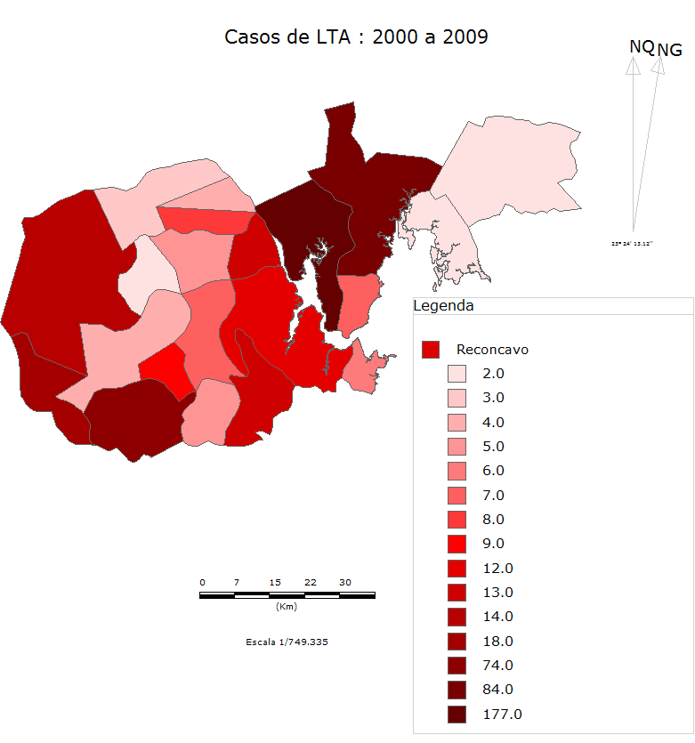 Figura 6 Mapa de notificados por LTA no Território de Identidade do Recôncavo da Bahia no ano 2000 a 2009. Fonte: Mapa elaborado no Terraview 3.3.1 por Andrade e Souza, 2009.