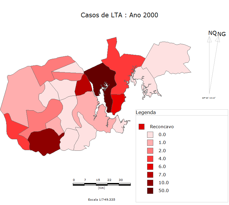 casos registrados dessa doença na região no ano 2000, no período de 2001 a 2003, 2004 a 2006, 2007 a 2009 e 2000 a 2009, essas variações foram representadas a partir de legendas com valor único.