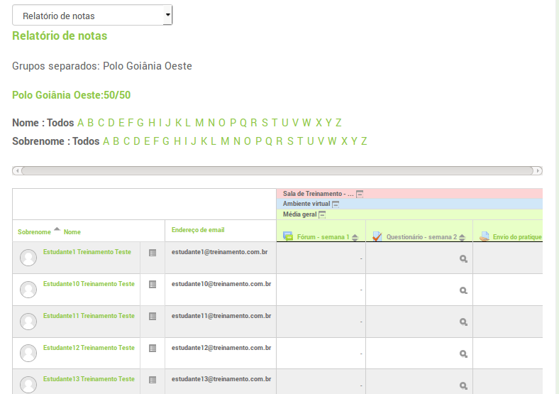 Figura 21: opções da lista de participantes 4.1.2. Menu Notas: Neste menu é possível conferir todas as notas dadas aos alunos do(s) seu(s) polo(s), como pode ser visto na figura 22.