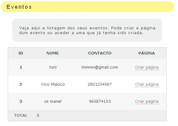 Manual de utilizador relativo à criação de páginas Depois de aceder à aplicação web, basta clicar em Eventos para dar início ao processo de criação das páginas.