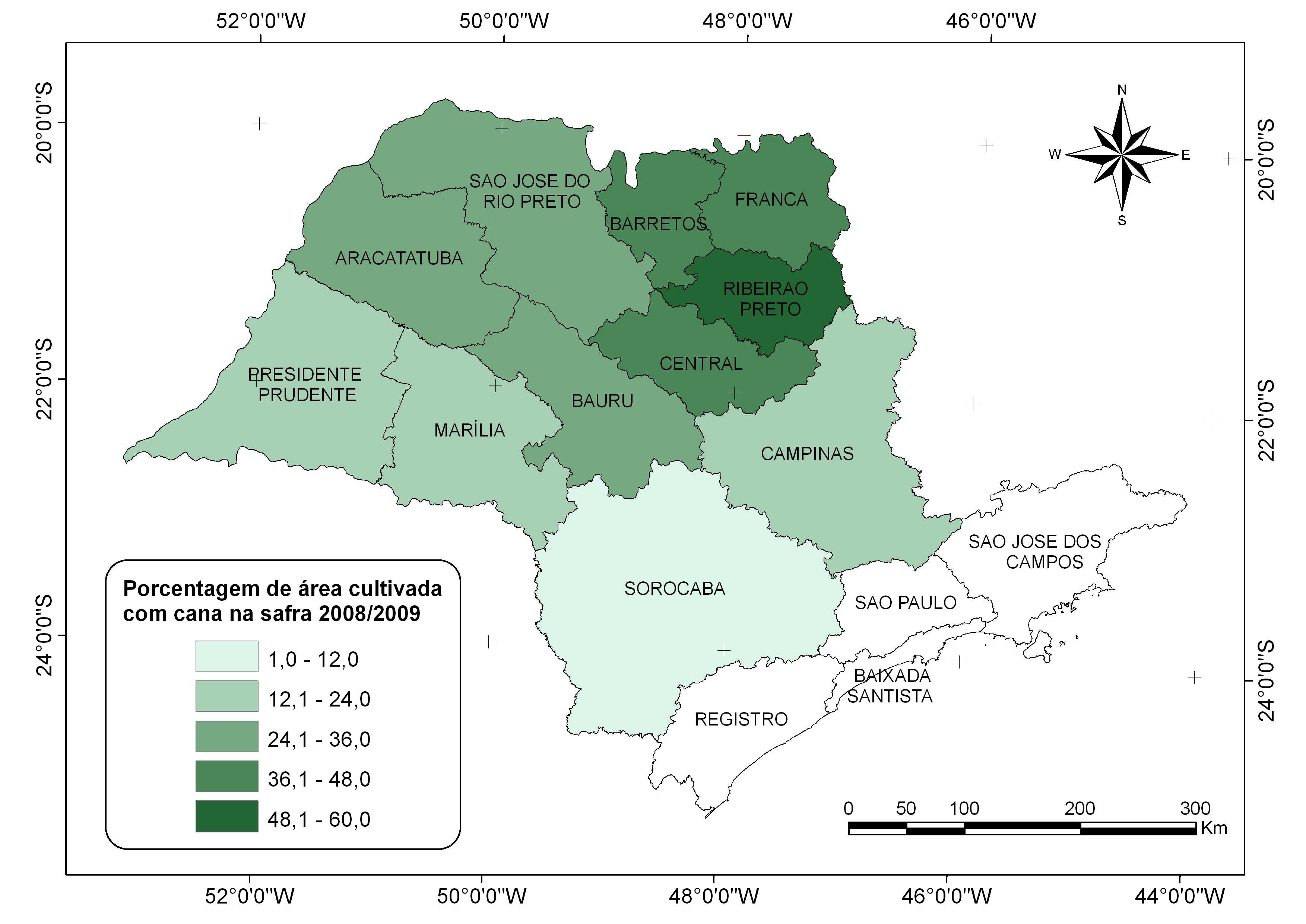 Figura 5. Porcentagem da área da RA ocupada pelo cultivo de cana-de-açúcar na safra 28/9. As áreas de cana-de-açúcar, geralmente, são reformadas após o quinto ou o sexto corte (Rudorff et al.