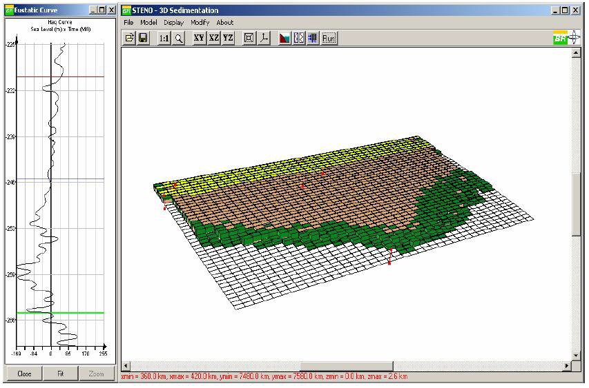 27 Figura 1.7. Modelo no STENO com sedimentos clásticos após alguns passos da simulação Inicialmente, o STENO somente incorporava modelos de sedimentação siliciclástica e após um tempo adicionou