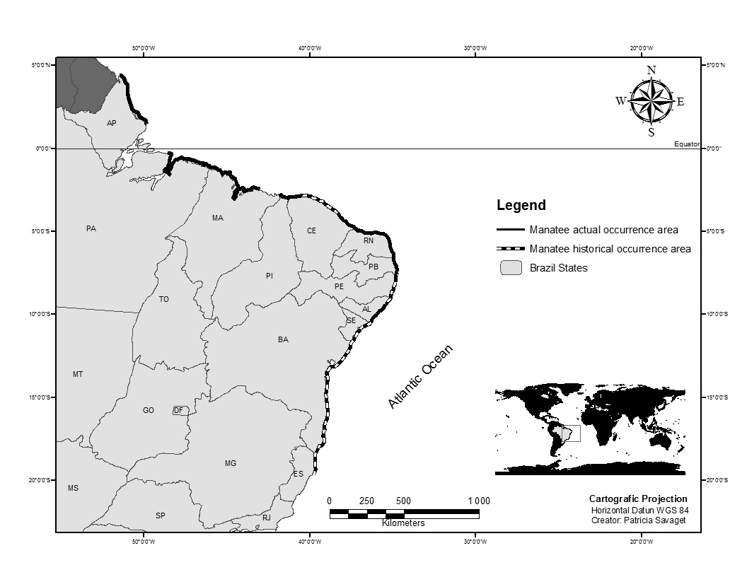 42 Figure 2 - Manatee s actual and historic distribution map along the Brazilian coast. Fonte: Savaget, P.