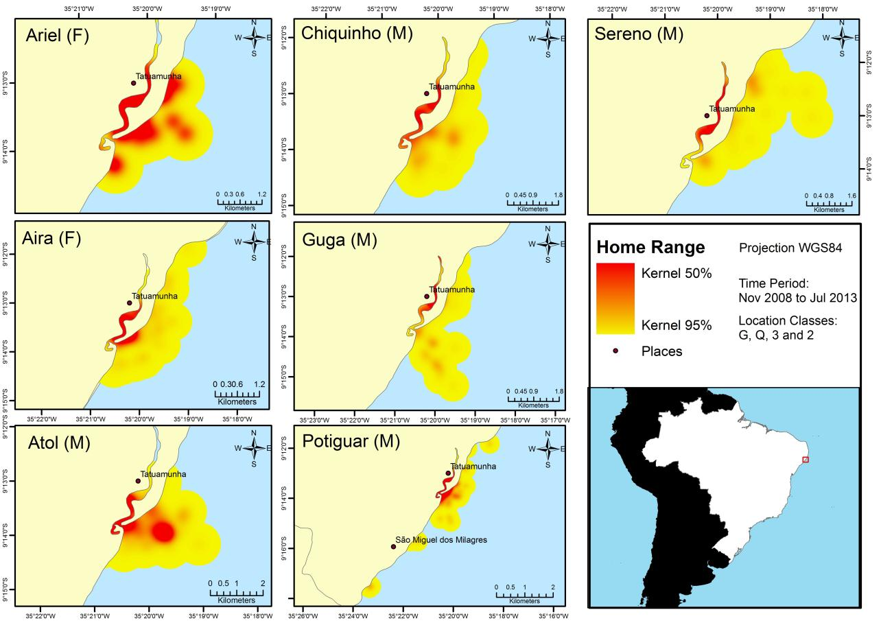 69 Figure 8 - Home range and centres of activity of released manatees in Alagoas