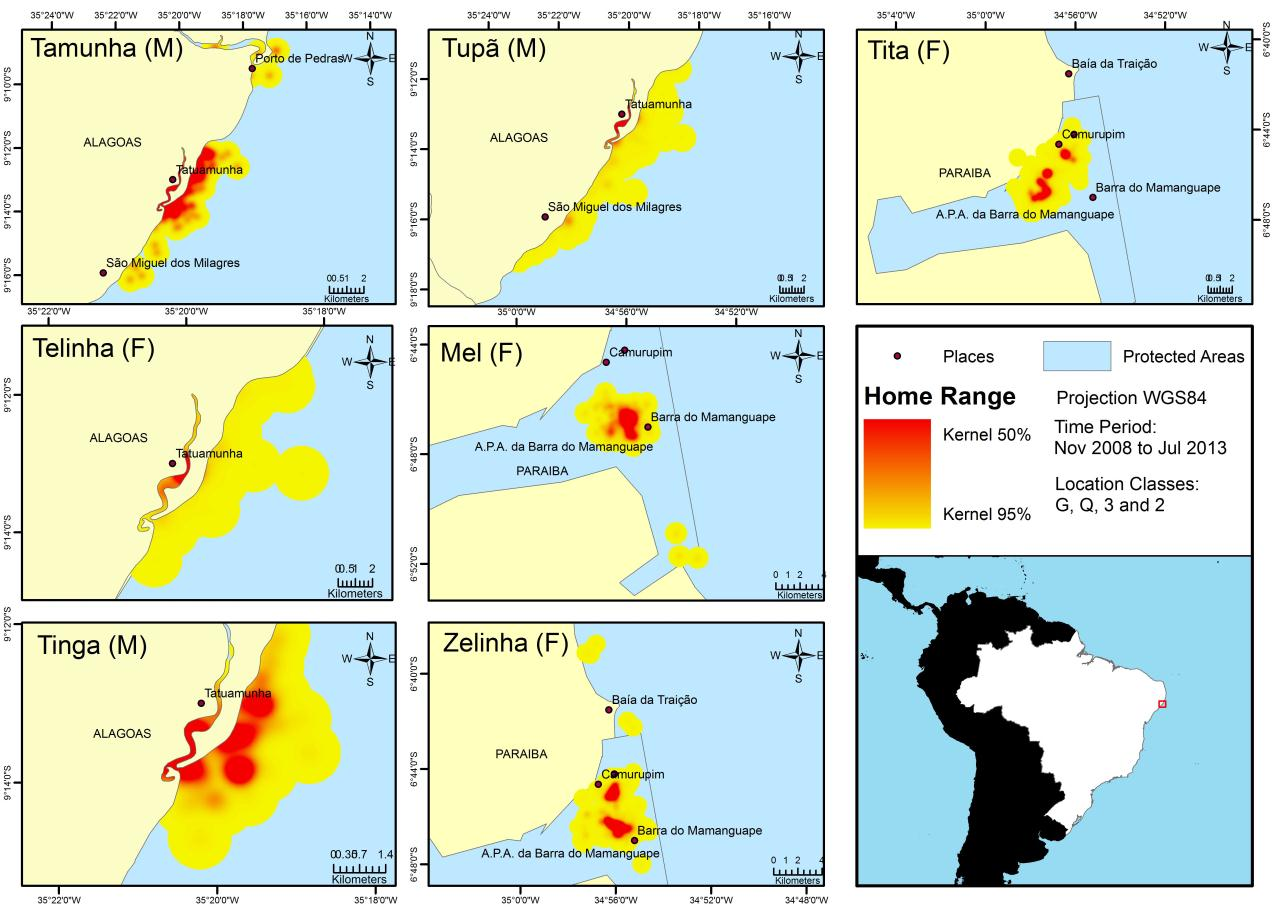 70 Figure 9 - Home range and centres of activity of released manatees in Alagoas and Paraíba sites the small