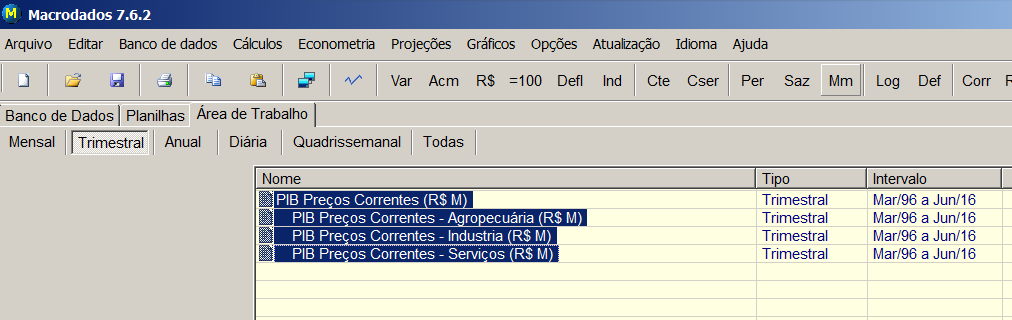 As séries lidas são transferidas para a área de trabalho e estão prontas para serem manipuladas em cálculos,