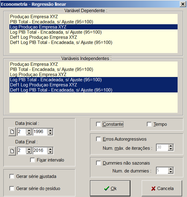 Tela de entrada da regressão que vai explicar o logaritmo da produção trimestral