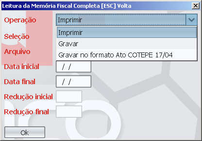 Menu fiscal O menu fiscal fica sempre disponível no canto superior da tela e pode ser acessado via mouse ou através das teclas ALT+M LX Emite Leitura X LMFC Leitura da memória fiscal completa