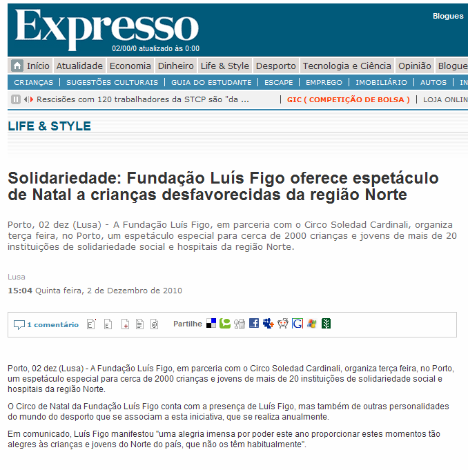 MEIO: EXPRESSO ON-LINE CORES P&B TIRAGEM: PERIODICIDADE: DIÁRIO RUBRICA: DATA: 2 DEZEMBRO 2010 http://aeiou.