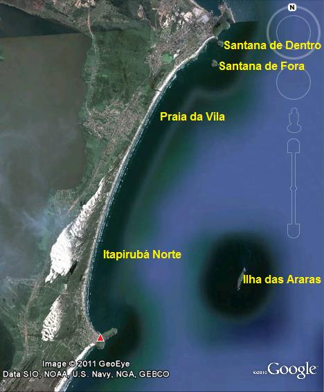 Figura 4. Mapa da enseada da Praia da Ribanceira e Ibiraquera. O triângulo indica o local do ponto fixo de monitoramento (Fonte: Google Earth) Figura 5.