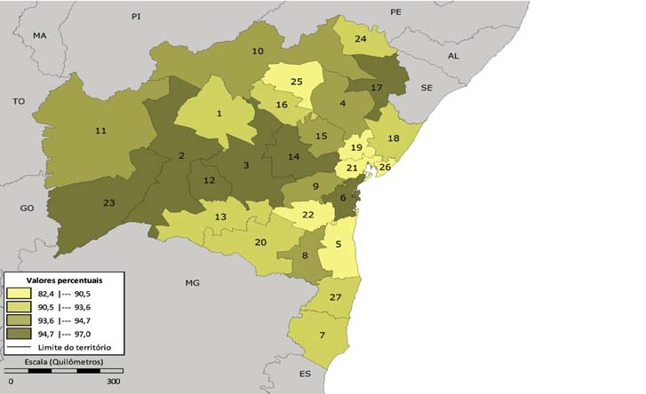 Mapa 51 Participação da rede pública no total de matrículas do ensino fundamental Bahia 2010 102 Fonte: Inep.