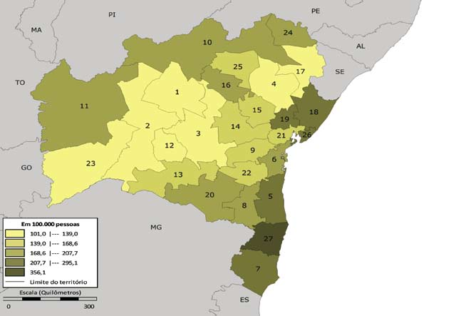 Mapa 20 Taxa de mortalidade por causas externas (1) Bahia 2007 a 2009 54 Fonte: Ministério da Saúde. Datasus. Elaboração: DIEESE Nota: (1) Engloba mortes por acidentes (trânsito, p.ex.) e por violências (homicídios, suicídios etc.