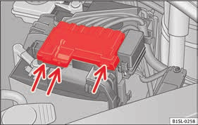 Verificar o nível de eletrólito da bateria do veículo Fig. 171 No compartimento do motor: retire a cobertura da bateria do veículo.