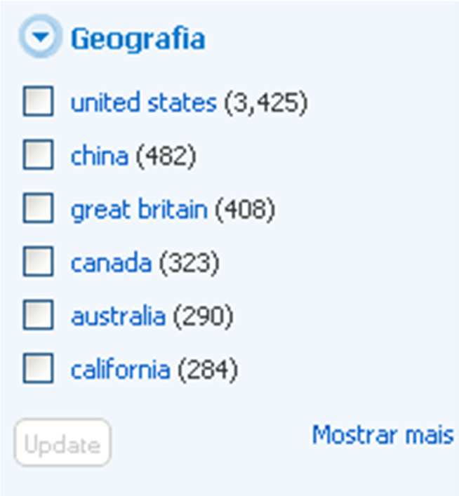 Facetas (ou filtros) Geografia Apresenta aspectos geográficos dos resultados Podem ser relacionados à temática