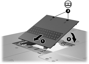 13. Aperte os 2 parafusos da tampa do compartimento do módulo de memória (3). 14. Volte a colocar a bateria. 15.