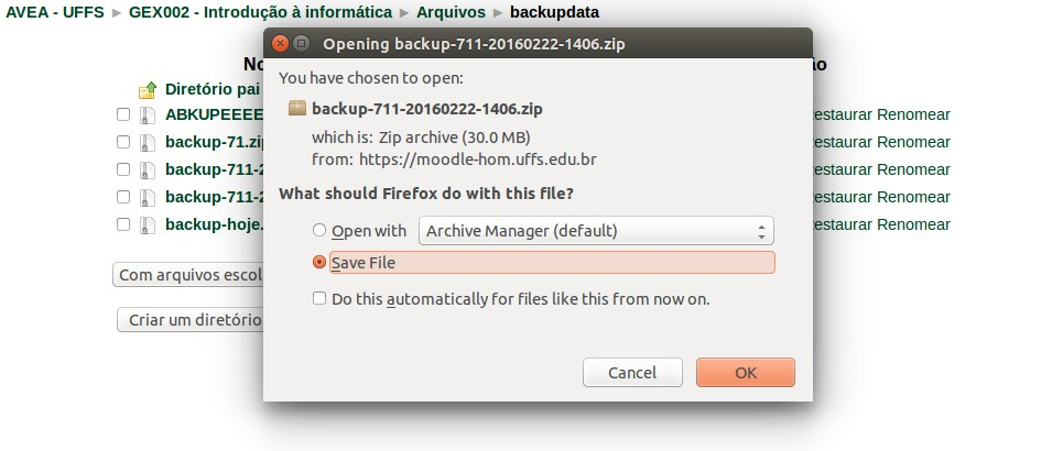 A Figura 9 mostra a mensagem de sucesso do backup, clique em Continuar, a página será redirecionada automaticamente para a listagem dos backups realizado na disciplina, como mostra a Figura 10.