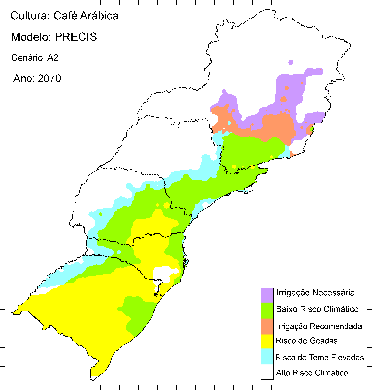 Cultura: Café Arábica Cenário: A2 Ano: 2070 Irrigação Necessária Baixo Risco
