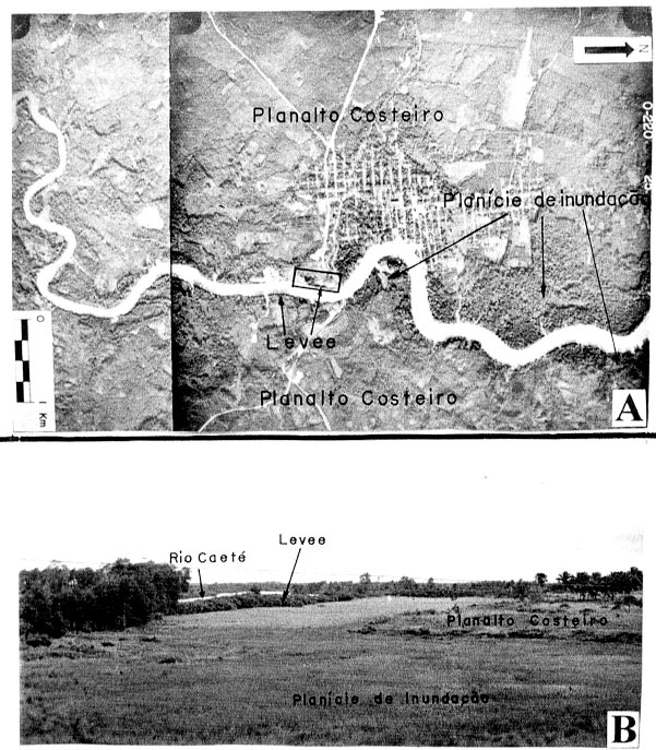 SOUZA FILHO, P. W. M. & EL-ROBRINI, M. 7 Figura 6: A)Planície aluvial do Rio Caeté, mostrando o canal meandrante, planície de inundação, diques marginais e o Planalto Costeiro.