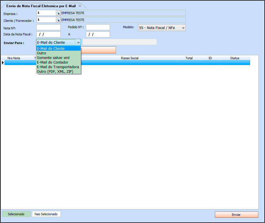 E-mail do Cliente: Escolhendo esta opção, os XML s selecionados serão enviados para o e-mail que está registrado no Cadastro do Cliente da NFe emitida; Outro: Através desta opção é possível digitar
