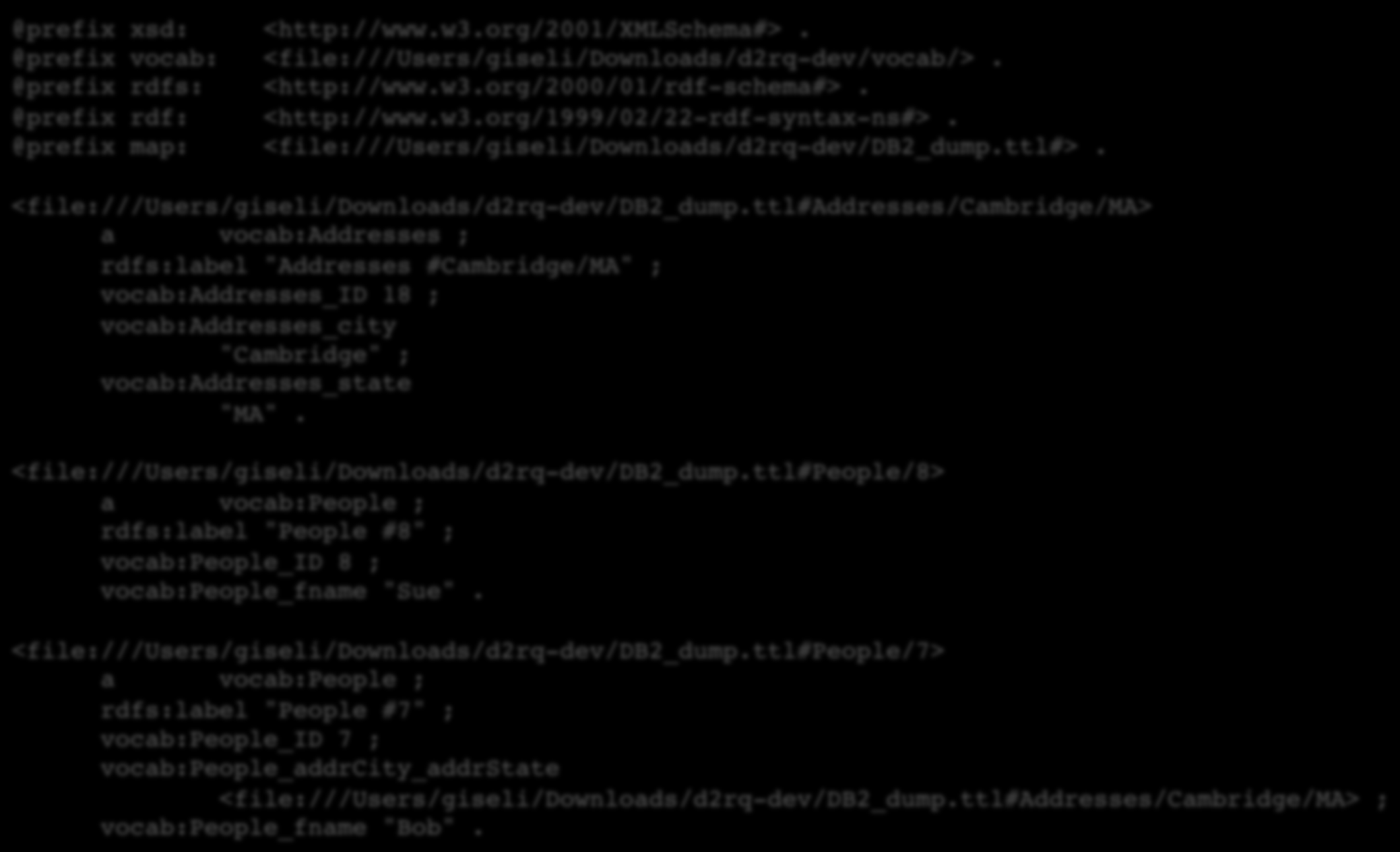 Exemplo DB2_dump.ttl @prefix xsd: <http://www.w3.org/2001/xmlschema#>. @prefix vocab: <file:///users/giseli/downloads/d2rq-dev/vocab/>. @prefix rdfs: <http://www.w3.org/2000/01/rdf-schema#>.
