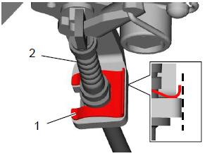 c) Instale a mangueira flexível (1) na pinça de freio com uma nova trava já inclusa no kit (2) e aperte o parafuso (a) com o torque especificado, conforme a imagem abaixo: ATENÇÃO!