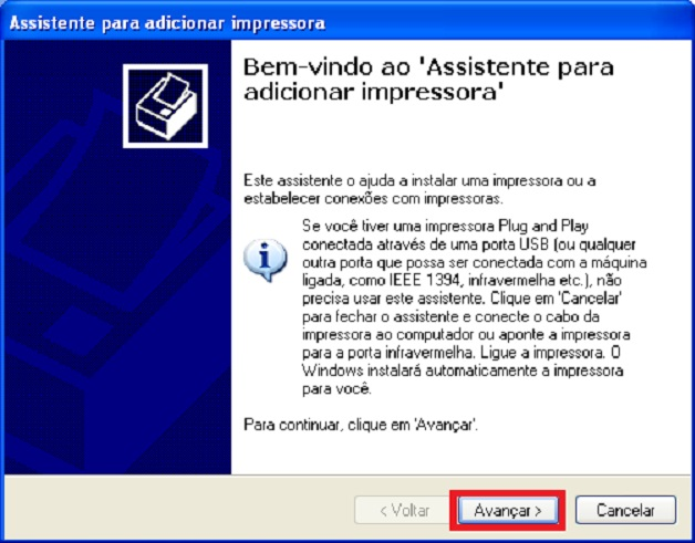 Vamos adicionar uma impressora local, desta forma clique na primeira opção: Impressora local conectada a este computador e desmarque a opção Detectar e