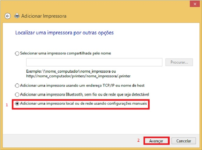 Escolha a opção para u lizar uma porta existente, e selecione a porta serial que sua impressora está conectada.