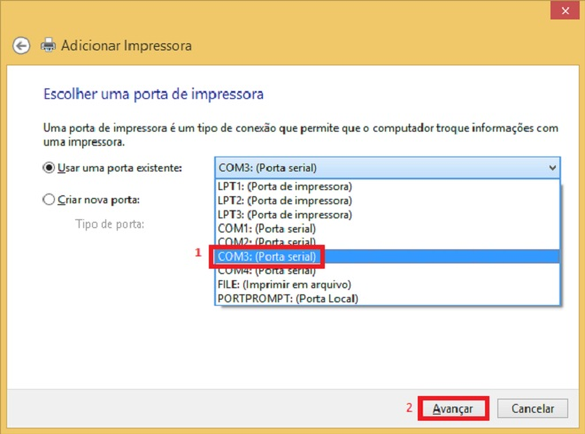 Ao chegarmos na opção para adicionar uma impressora, clique na opção Com