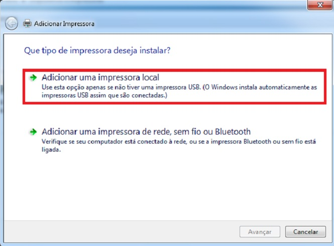 Vamos adicionar uma impressora local, desta forma clique na primeira opção: Adicionar uma impressora local : Escolha a opção para u lizar uma porta existente, e selecione a porta serial que sua